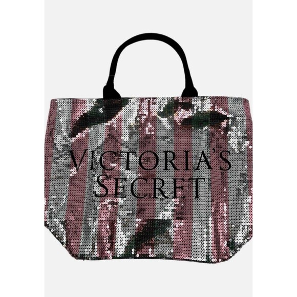 Victoria Secret Pink Silver Sequence Striped Canvas Tote Bag Shopping Weekender - Picture 1 of 10